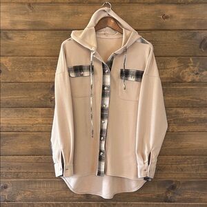 Plaid Accent Waffle Button Down Shirt - Tan